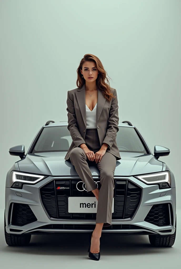  A woman dressed in an Audi outfit. She is sitting on the front cover of the Audi and instead of the registration number it says: Meri