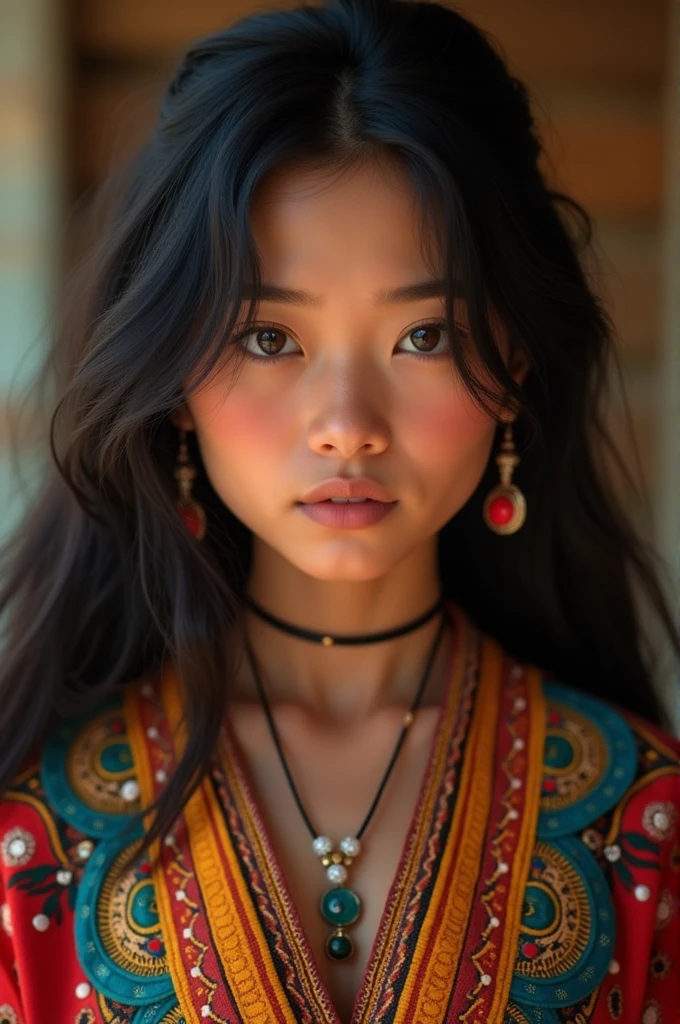 A black-haired singer, small eyes, light skinned indigenous, with Peruvian clothes