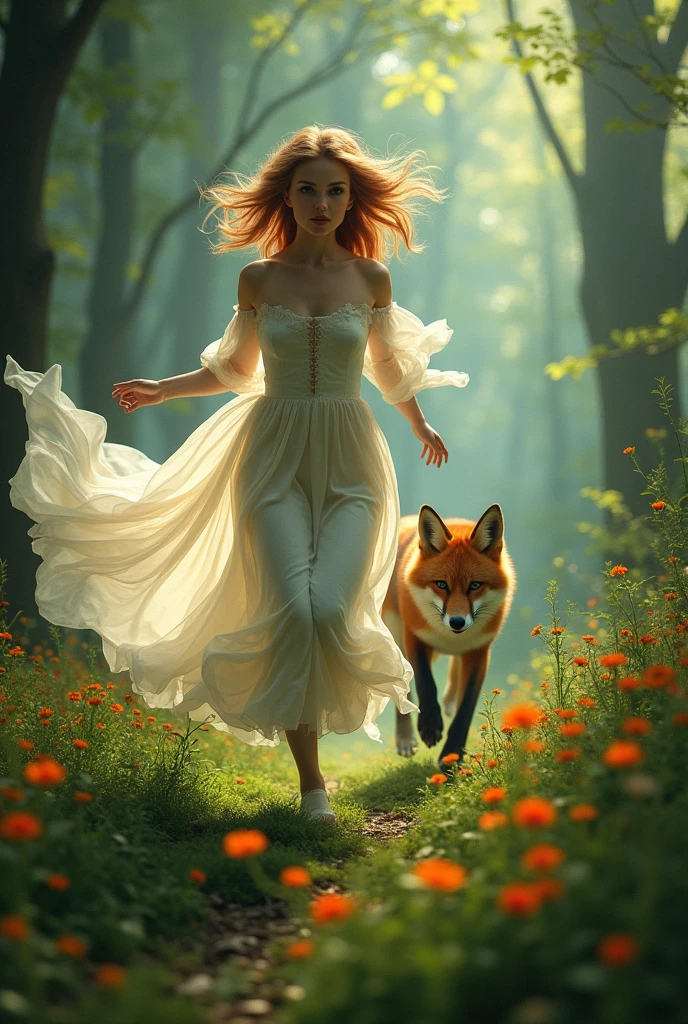 Beautiful and elegant woman running in the forest chased by the wild fox