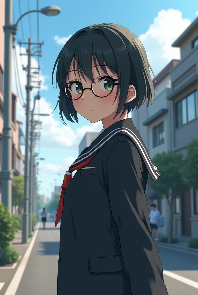 Japanese girl looking back while she going to the class wearing round classes with short hair  realistic 
