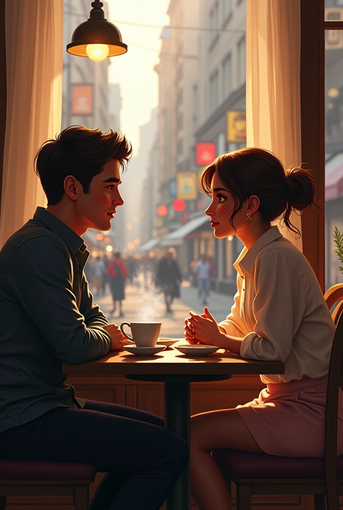 A man and a woman are sitting in a cafe and talking. The woman has a cup of coffee. There is a glass of water and croissants on the table.