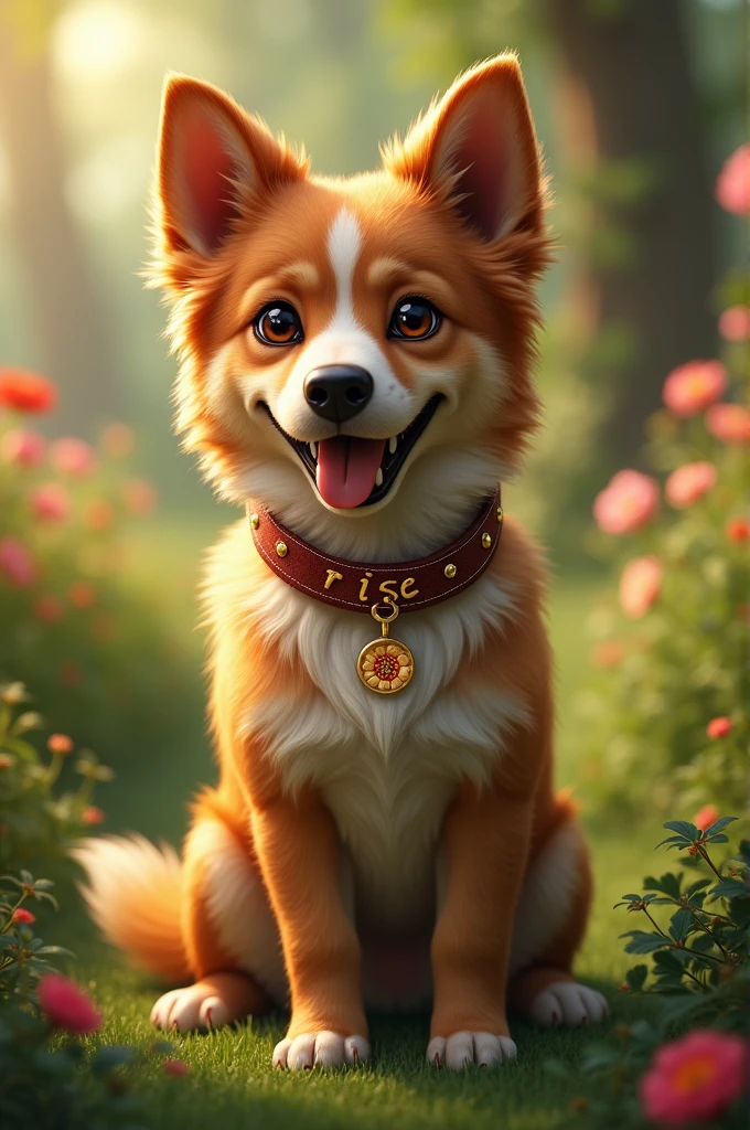 Make a dog have a collar and the collar says roses
