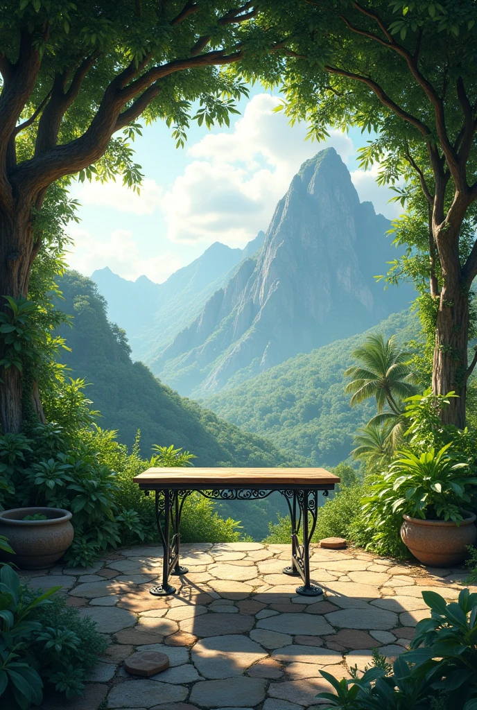 Table in garden tree shadow on table background mountain and jangle