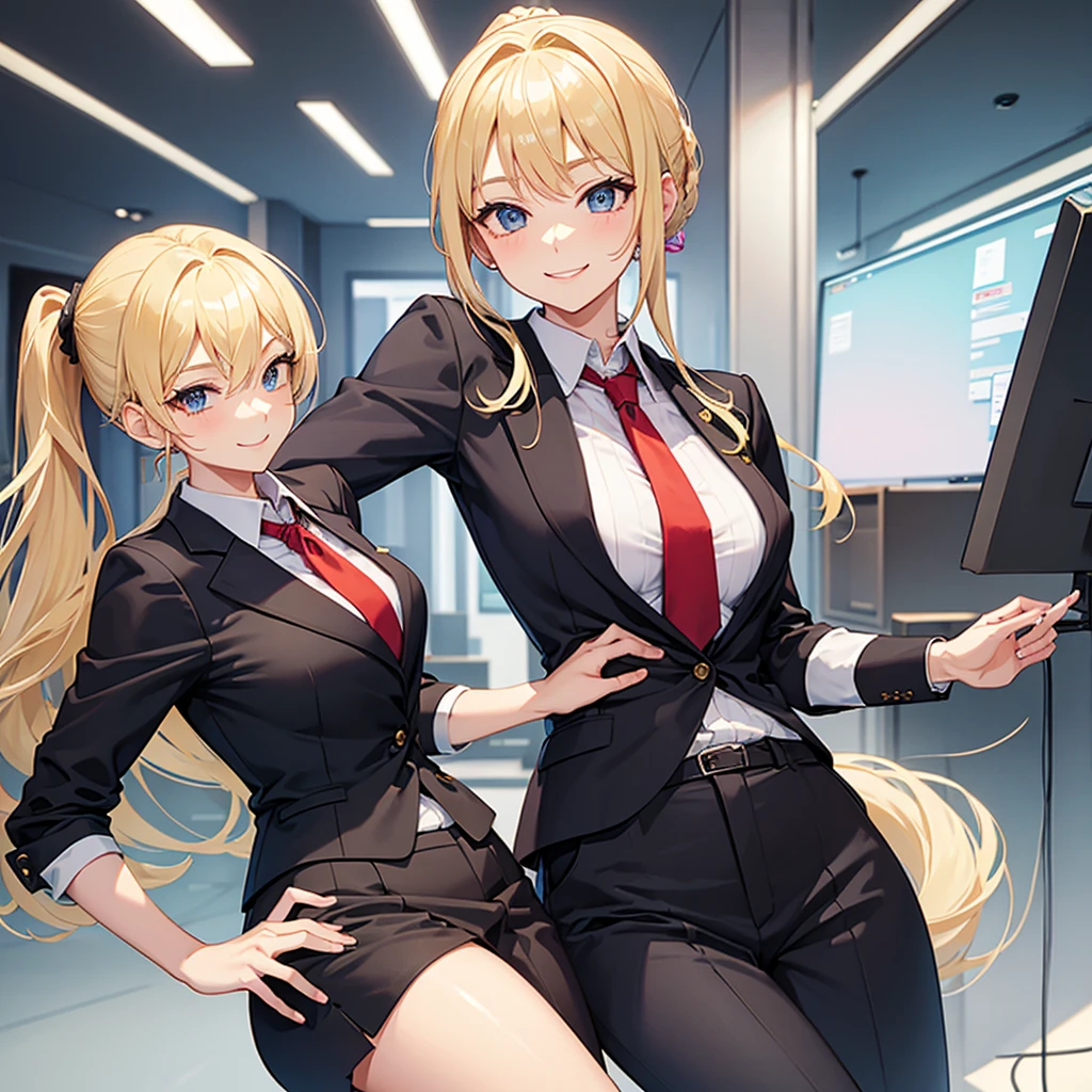 Blonde girl with high ponytail and office suit smiling