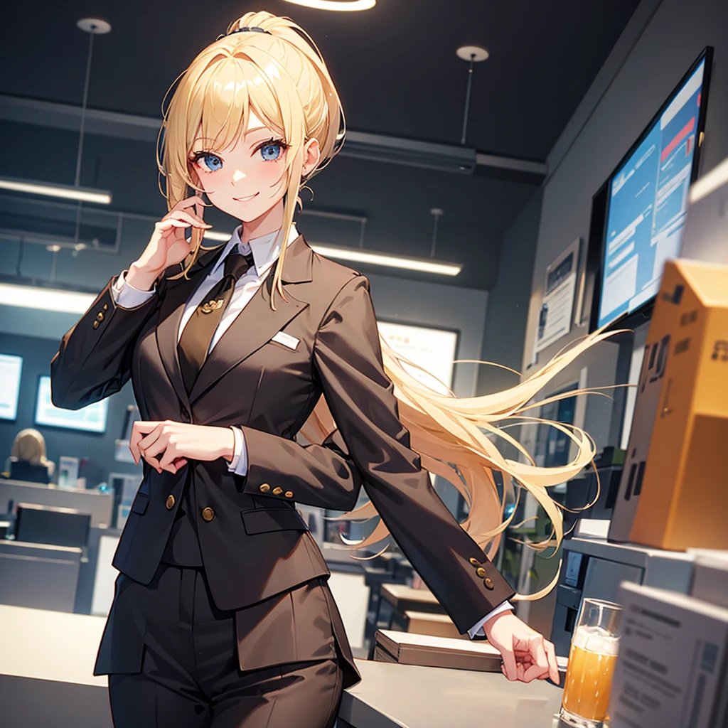 Blonde girl with high ponytail and office suit smiling