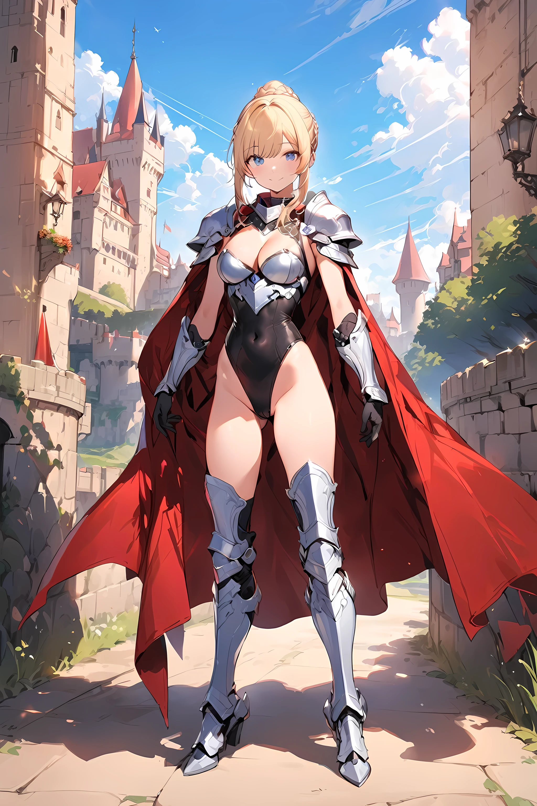 Masterpiece, Best Quality, 1girl, armor, silver armored boots, bangs, black gloves, black leotard, blonde hair, blue eyes, blue sky, boots, braid, breasts, cape, castle, cleavage, closed mouth, cloud, covered navel, day, full body, gloves, greaves, hair bun, highleg, highleg leotard, perfect body, medium breasts, leotard, looking at viewer, outdoors, pauldrons, red cape, shadow, silver shoulder armor, silver gauntlet, sidelocks, sky, smile, solo, standing