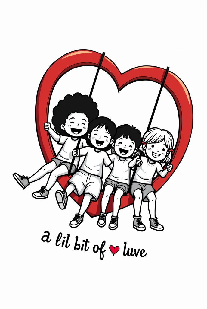 a black and white coloring book image of a cartoon image of multi-ethnic children playing inside a red heart shaped swing with the words "A Lil Bit Of Luv" at the bottom -center of the image