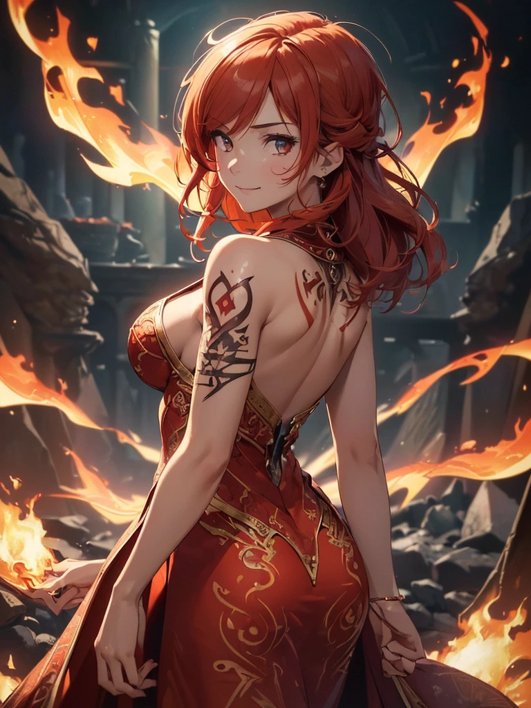 (((best quality, sharp image, clear image, cinematic lighting, 8k resolution, masterpiece, ultra detailed, intricate))) Girl, (((looking over left shoulder))), (shot from behind), fire mage, ((intricate background)), ((chaotic background)), red hair, smiling, ((flame runes, flame sigils)), (tatoo on back), slim figure, flying sigils, long dress