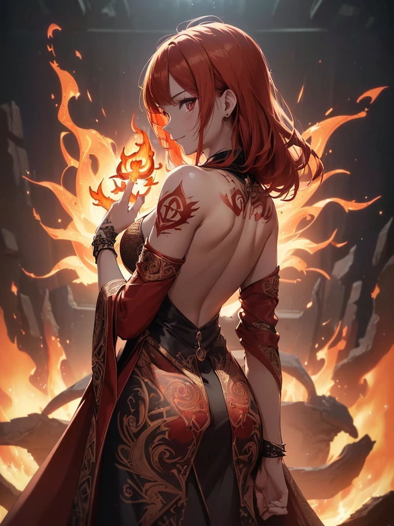(((best quality, sharp image, clear image, cinematic lighting, 8k resolution, masterpiece, ultra detailed, intricate))) Girl, (((looking over left shoulder))), (shot from behind), fire mage, ((intricate background)), ((chaotic background)), red hair, smiling, ((flame runes, flame sigils)), (tatoo on back), slim figure, flying sigils, long dress