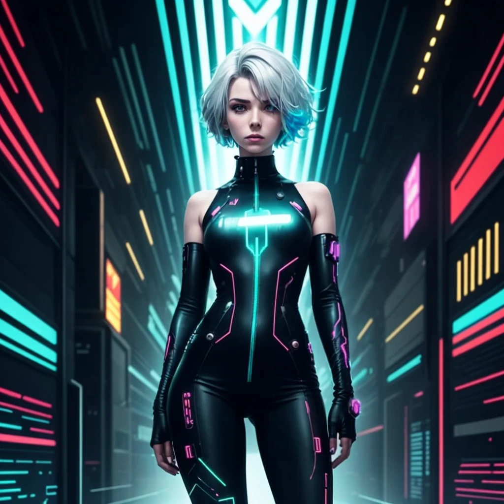 An androgynous figure with silver metallic hair, adorned with neon geometric patterns, wearing a futuristic, asymmetrical outfit. The subject stands against a backdrop of swirling digital codes and vibrant glitch art, creating a cyberpunk atmosphere. The overall mood is enigmatic and boundary-pushing.