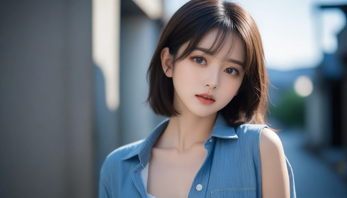 8k, Ultra-high resolution, Highest quality, masterpiece, 三分割法によるphotograph,Surreal, photograph, 1 , (:1.3), cute, cute顔, 細部までBeautiful Eyes, 細かくdetailedに,masterpiece,One Girl:1.2,Japanese women,student,cowboy shot,glaring,Black short hair,messy hair,from side,(Denim shirt:1.3),Leaning against the wire mesh,Glare,Blue Collar,Factory wall,(Beautiful attention to detail),Subtle details, detailedな顔,anger,Attractive eyes,(ポートレートphotograph:1.4),(Photorealistic images:1.4),Fantasy art,(Beautiful Face:1.4),美しくAttractive eyes、Beautiful Eyes,Silver residue,(Tight waist:1.4)、(Beautiful with perfect body proportions:1.4),Pink Lips,profile,(((Ideal body type))),A-cup small breasts :2,、Portraiture:2、Perfect Anatomy、鮮明なdetailed、detailed,Fashion magazine cover,Thin lips,完璧でBeautiful Face ,完璧でcute顔, Skin with attention to detail, Perfect limbs、Narrow waist,Surreal,Light and shadow,backlighting