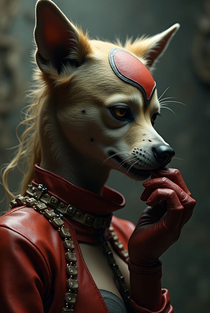 (raw photo, best quality) , (Realistic, photo-realistic: 1.4), extremely formidable overall plan, masterpiece, ultra-detailed, high resolution, best illustration, best shadow, complex, depth of field, Anthropomorphic female dog, she wears a mask of human woman made in beige latex, she removes her mask of human woman in latex by pulling it off her head, revealing her true form of female dog [She removes her mask by pulling it] [movement detailed], she holds her latex human woman mask in her right hand, photorealistic style 8k [Latex Costume] [Latex Human Woman Mask] [Anthropomorphic female dog] [fold details]