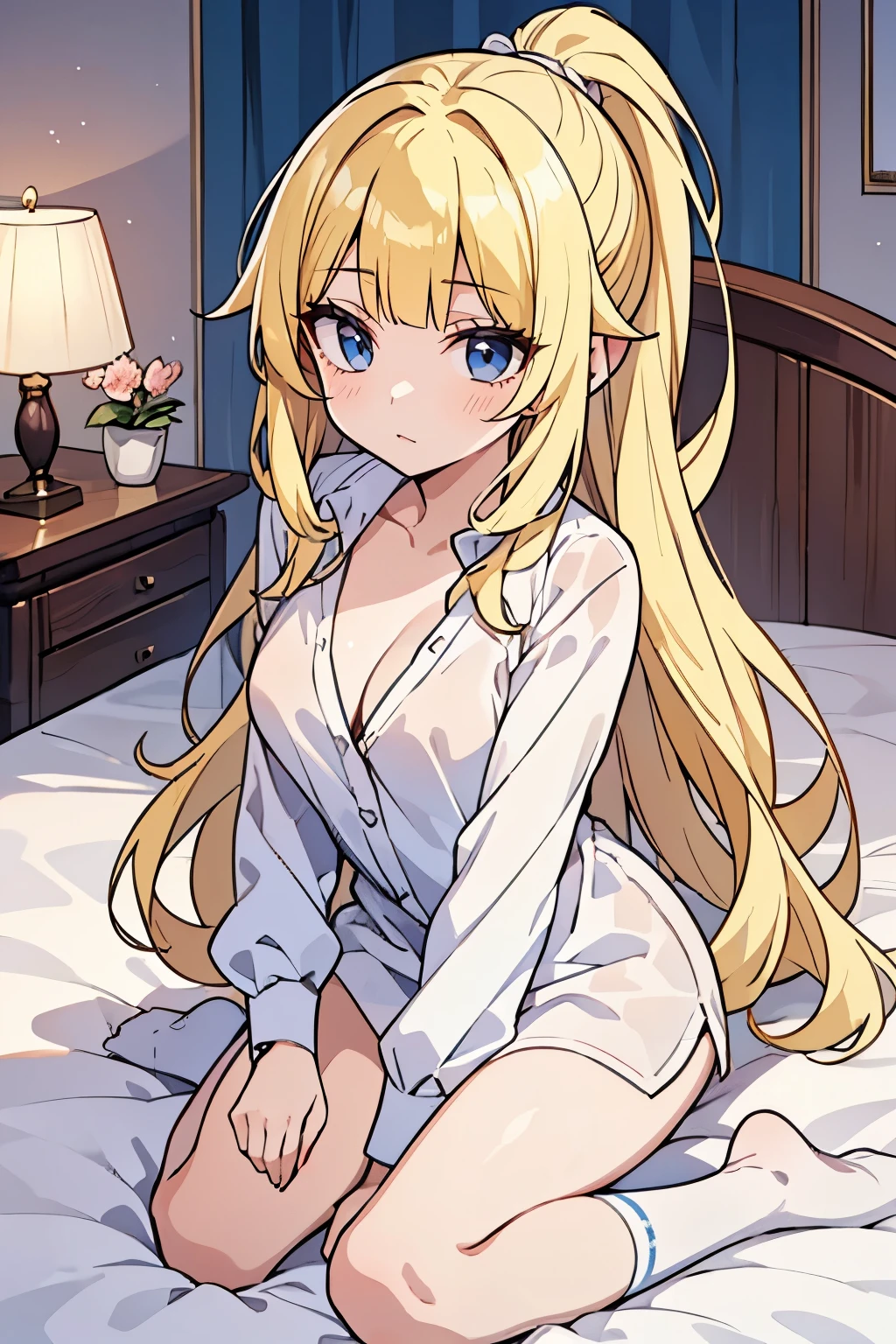 solo girl, (young female body:1.4), ( medium small breasts), knee length hair, yellow long hair, ponytail, voluminous wavy very long yellow hair, extra long yellow hair, hime cut, light blue eyes, cowboy shot, dynamic posing, bedroom, kneeling on bed, white socks, white blouse, unbuttoned shirt, cleavage, oversized white shirt, spreading legs