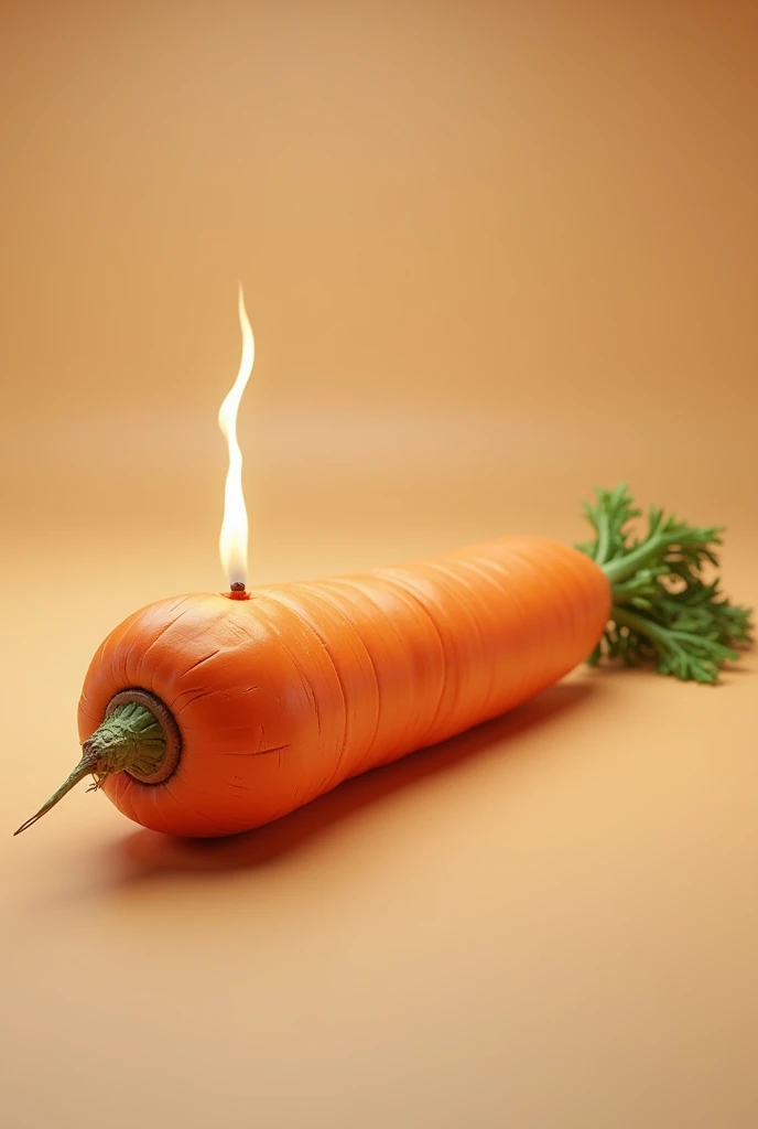 Beautiful carrot lying horizontally with lit fuse at the tip, like dynamite, 8K, High Quality
