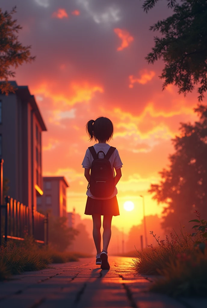 Image of e with hands held back going home with name school sunrise