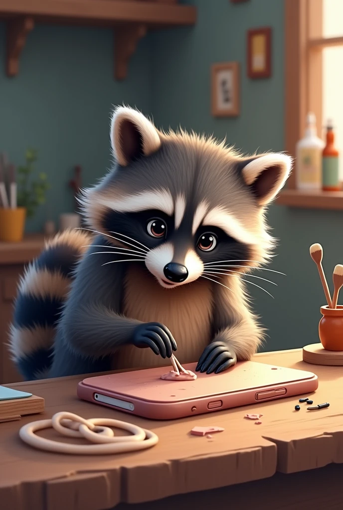 Logo depicting a raccoon painting a cell phone case with clay in a professional drawing style