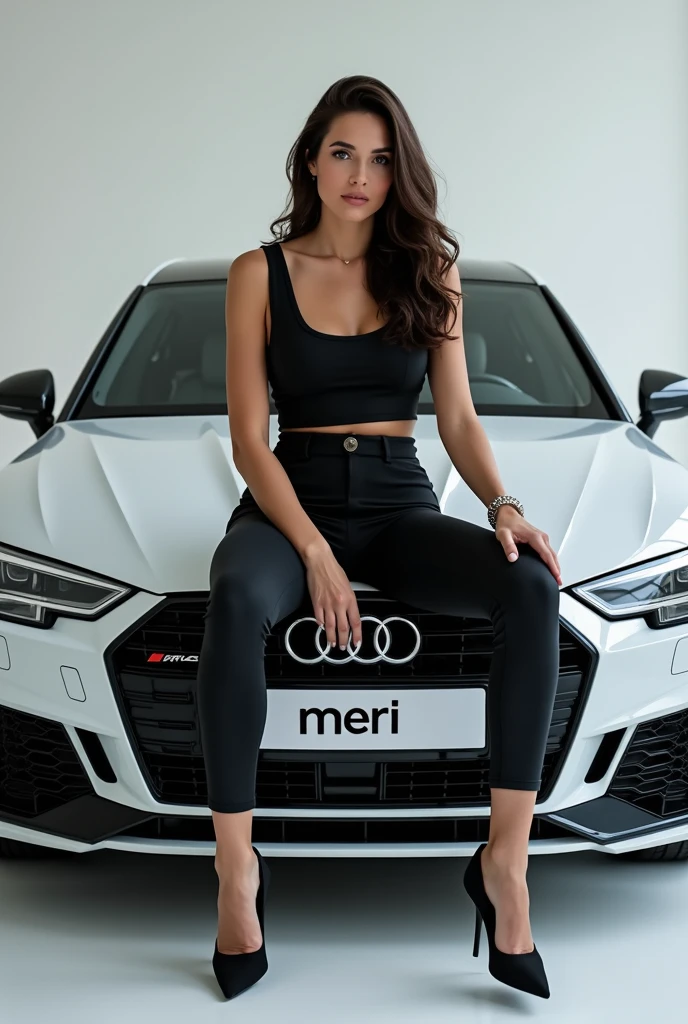  A woman dressed in an Audi outfit. She is sitting on the front cover of the Audi a4 b5 and instead of the registration number it says: Meri