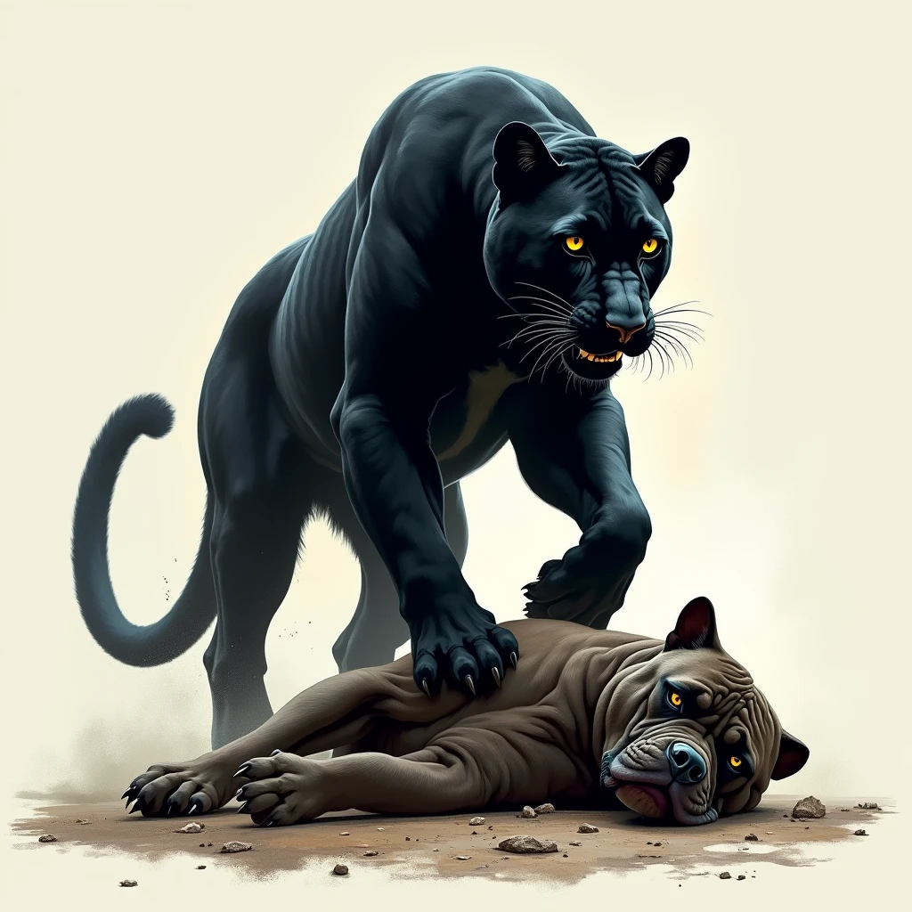 Black panther standing on a dead bulldog