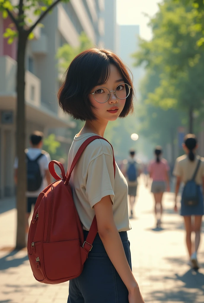 Asian girl looking back while she going to the class wearing round classes with short hair realistic