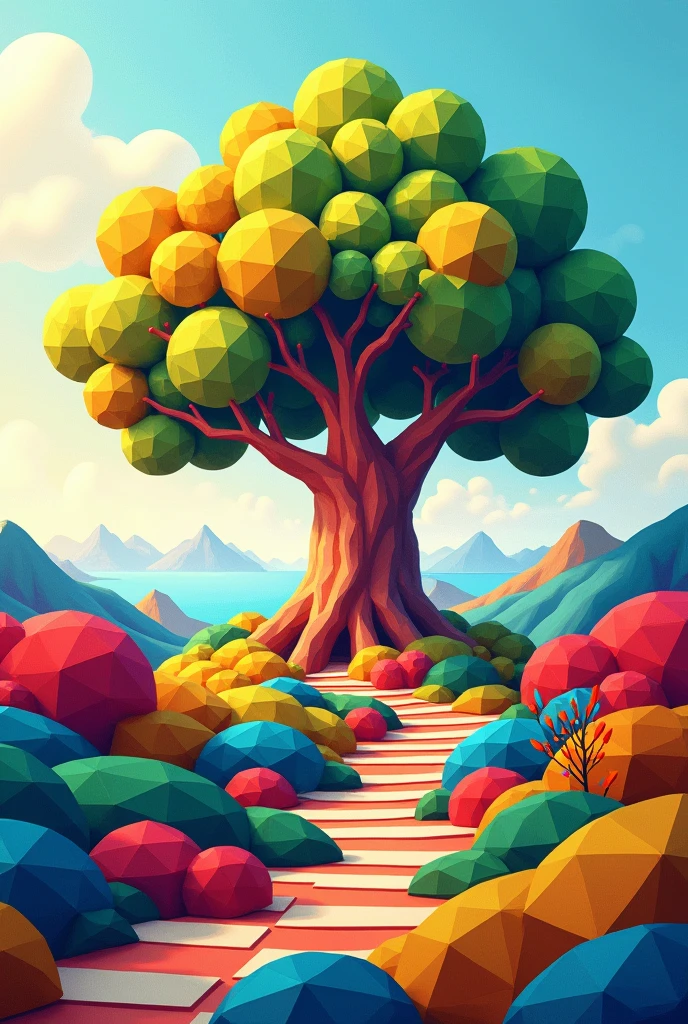 Nature drawing composed of two-dimensional geometric figures (Even the leaves are geometric in shape) give me a colorful picture, three-dimensional and realistic