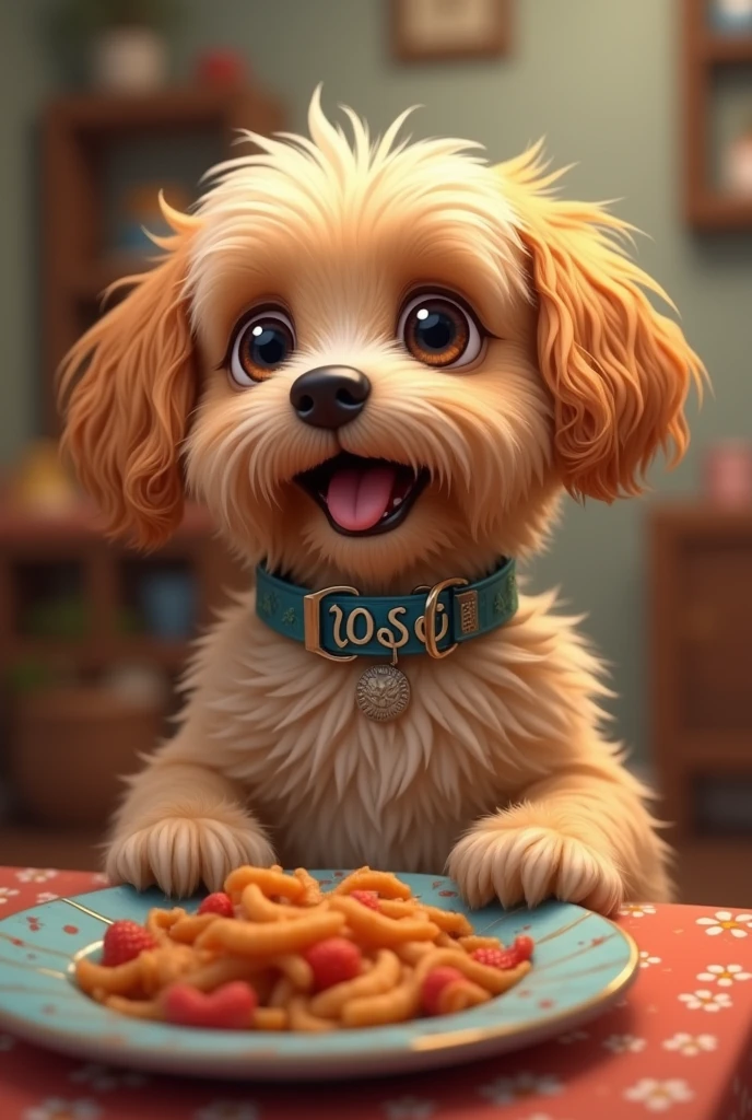 Makes a dog that has a collar and the collar says the word “roses” and the dog is eating food 