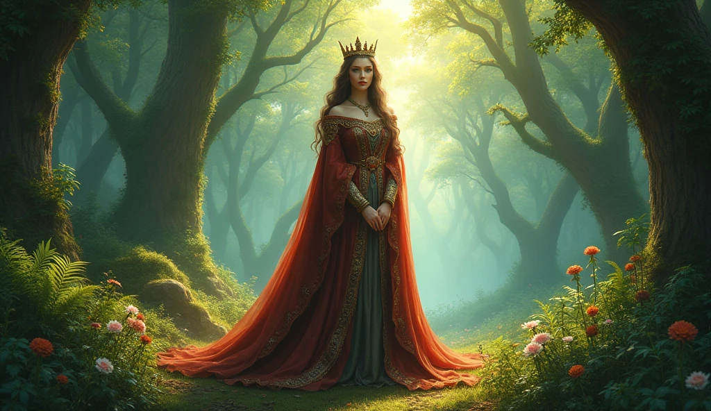 Images of a big girl dressed in red coming out of an enchanted forest




