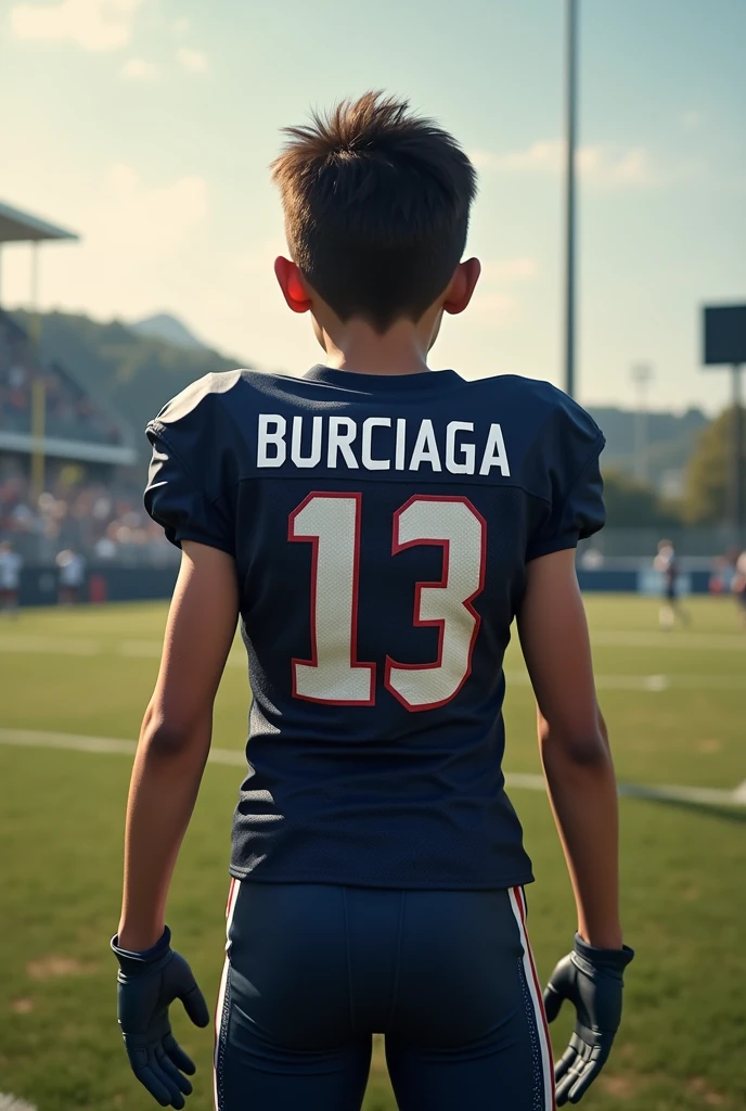 a lot of drip with the name on the back of the jersey “Burciaga” that the image is from behind me ( show my back ) American football , from a 13 year old boy , white