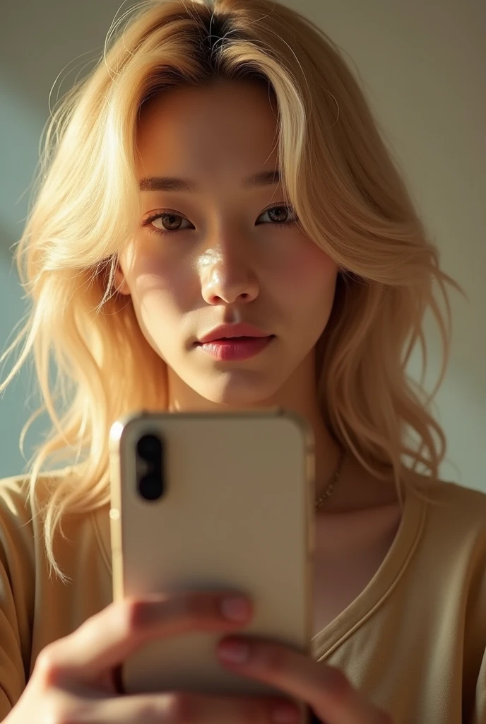 BTS Jungkook long blonde hair taking selfie