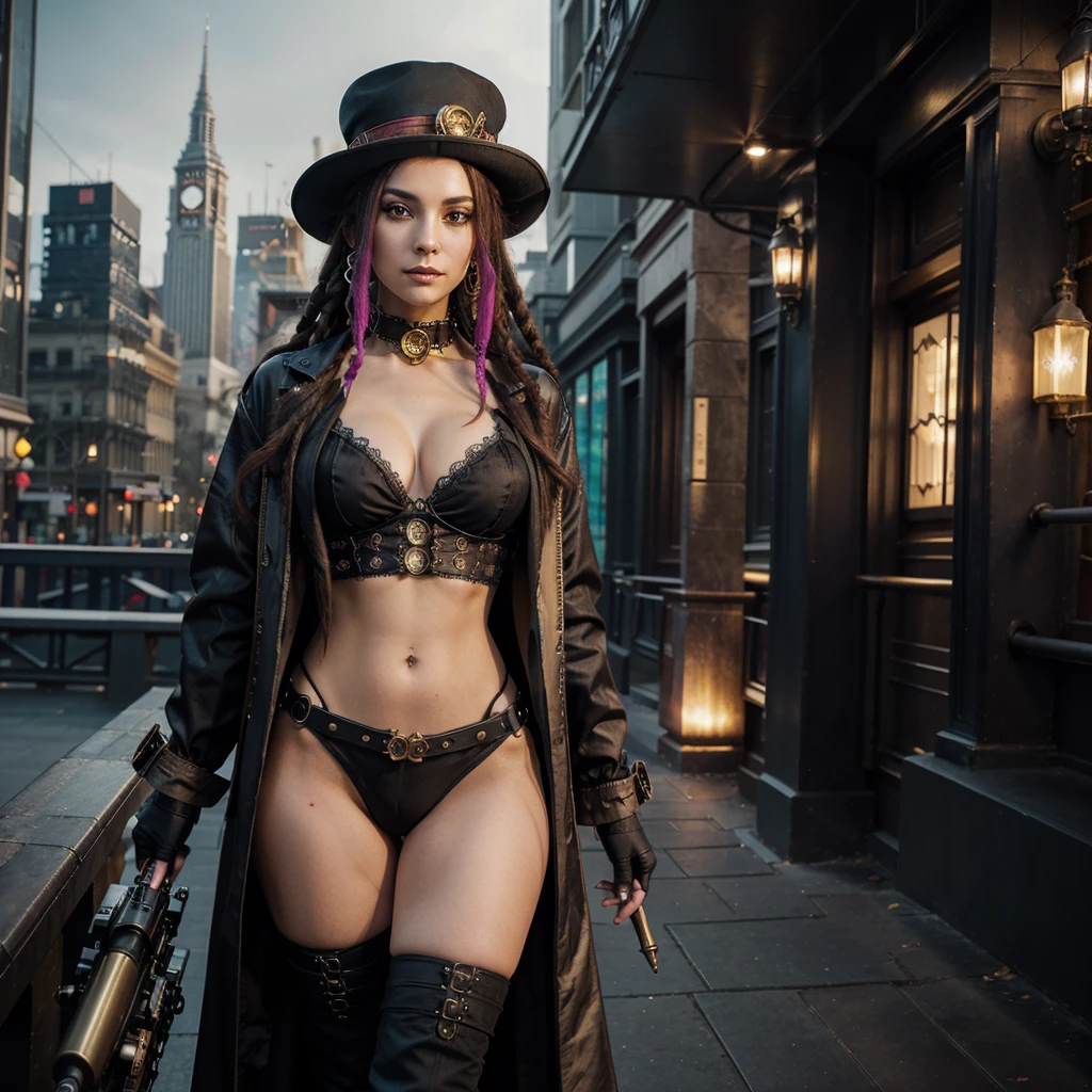 A steampunk Gothic makeup woman with dreadlocks, long red hat and accessories, cheerful & cheerful with a calm, mysterious expression, wearing a long flowing black jacket standing in the middle of a spooky Gothic cityscape. Sexy and wild pose. The background combines cubic skyscrapers, bats, fractal matchcore, mechanics, big gears, macha balls, geometry with a touch of surreal. The color scheme contrasts with metallic silver and gold. The final touch: a long-barreled gun in her hand, vibrant, vivid, realistic