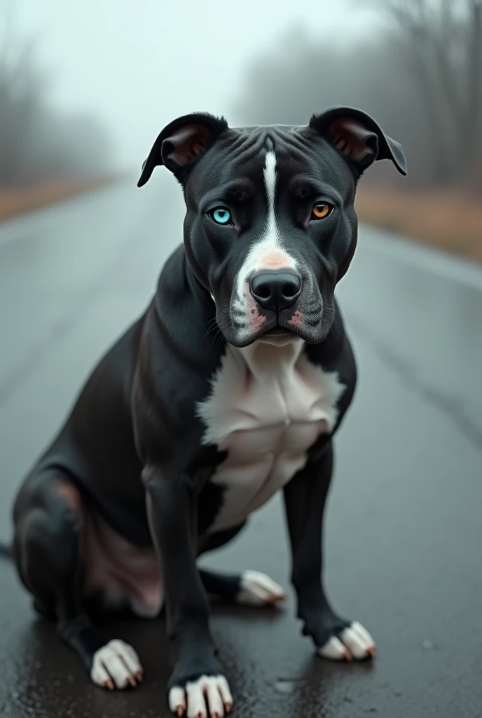 (photorealism:1.2), adult, pitbul dog, black en white, one blue eye and one brown eye, abandoned in the road, ears down, pivk uo color gray drivig away