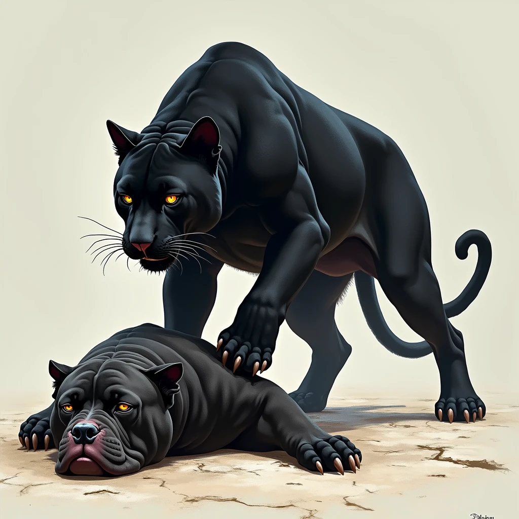 Black panther standing on a dead bulldog
