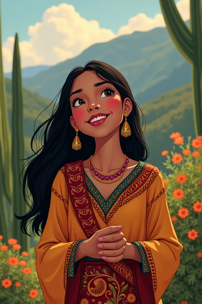 Indigenous singer, has light skin, has small eyes, Nice smile, black hair, wear Peruvian clothes. disney type
