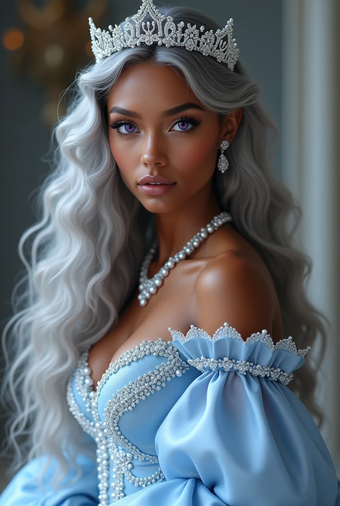 A beautiful Aesthetic Young 18 years old Velaryon princess, beautiful Darker brown skin tone,with long curly silver hair, purple eyes, she's wearing a royal pale blue Princess gown with white pearl works.