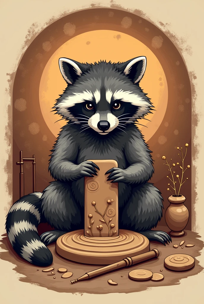 Logo depicting a raccoon painting a cell phone case with clay in ancient art style