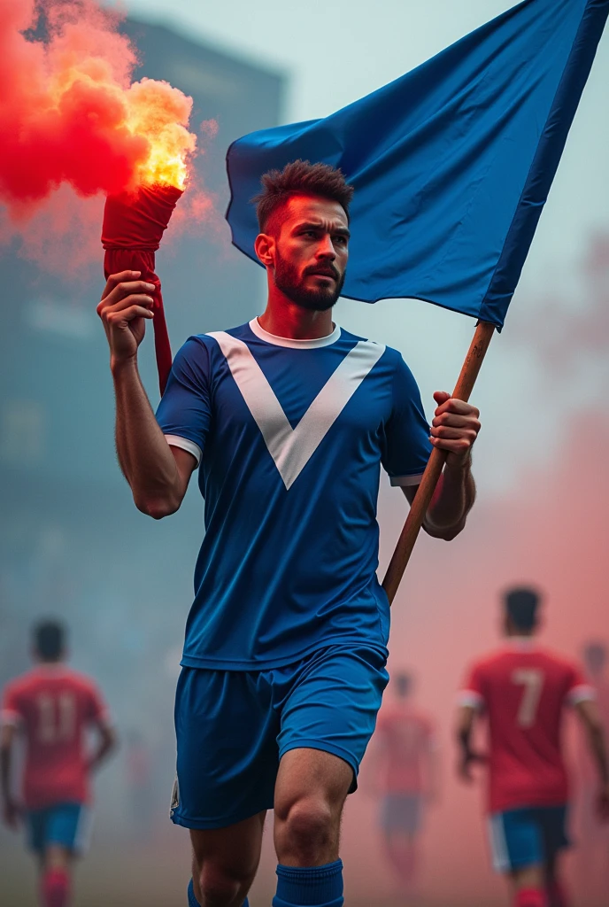 A hooligans with a flag and a flare with the colors blue in shorts and a blue soccer shirt and a V on the chest that goes from the shoulder down to the chest and back up to the other shoulder in white