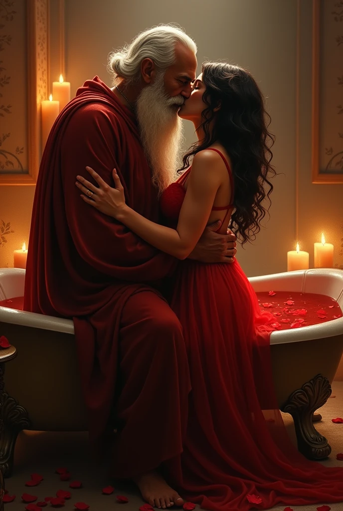 Hot girl, curvy hourglass body, wearing red nighty, on bathtub, old pandit , kissing in night, romantic lights, roses
