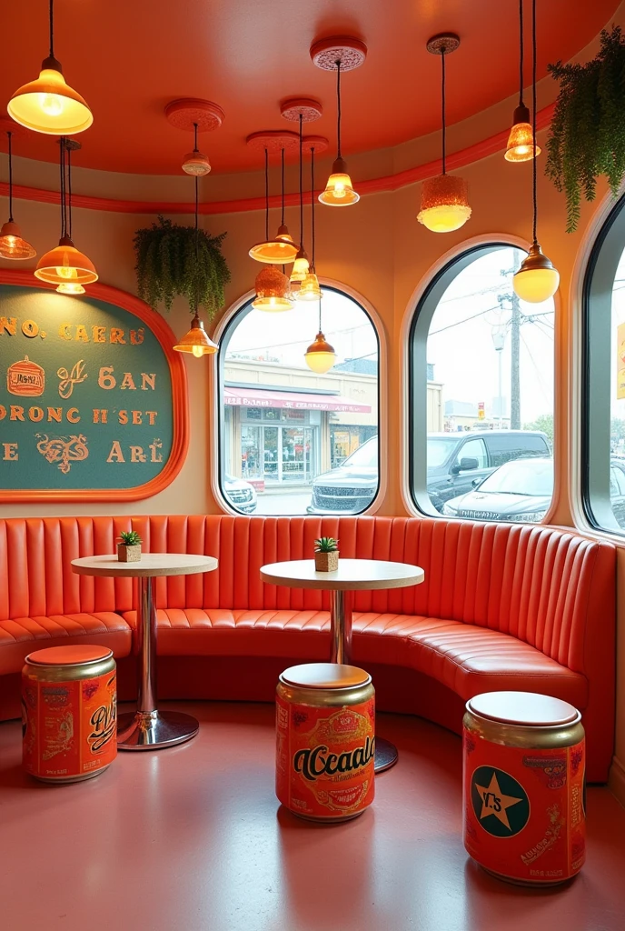 Show me a picture of a surface of 5 meters by 3 meters, dedicated to the sale of fast food, with 4 tables of turriles decorated as cans or bottles of alcoholic beverages, Each table with 3 stool style chairs 75 cm high, The floor is decorated in an aguayo style in soft tones and the ceiling is also decorated with respect to the environment.
