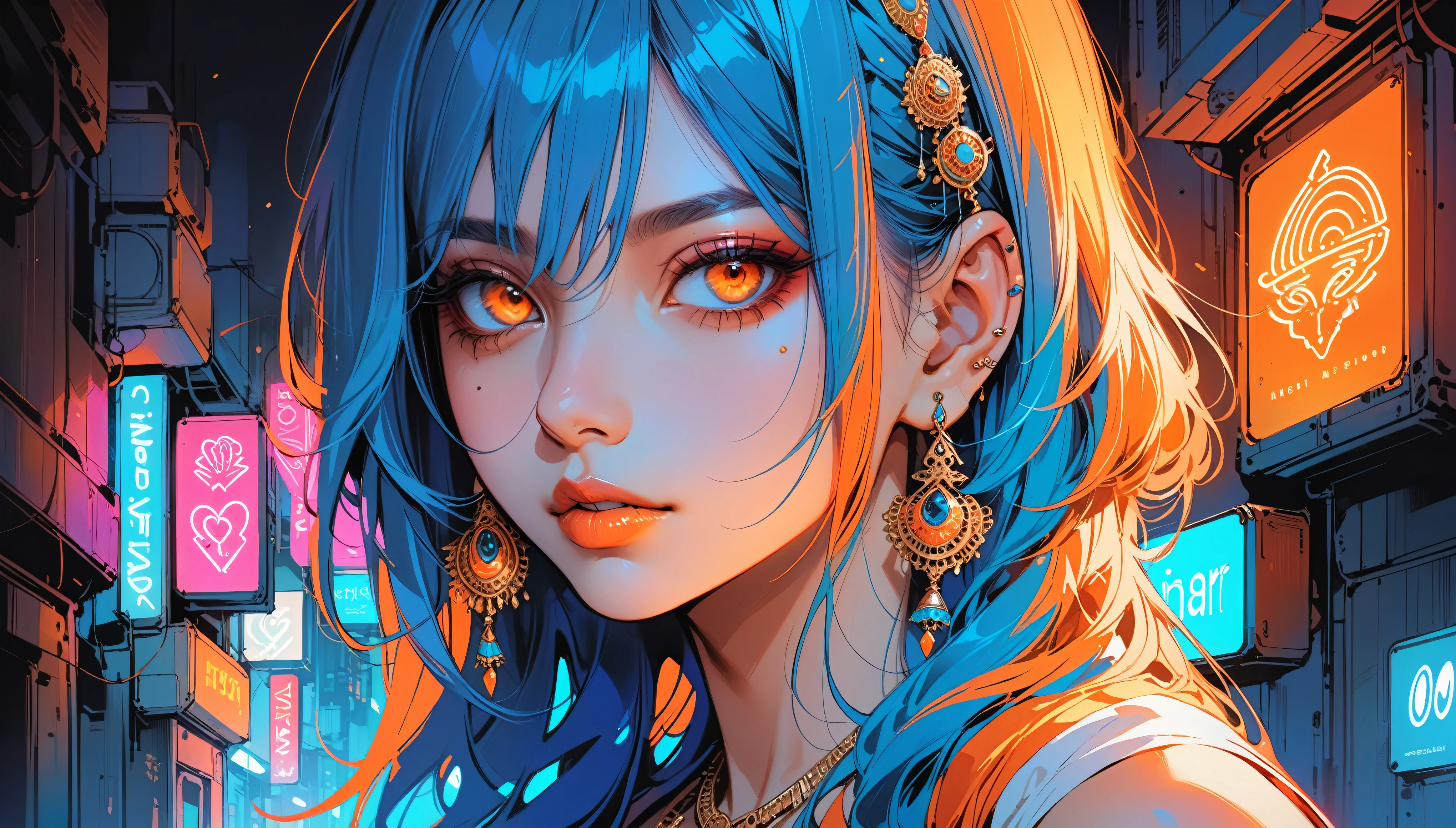 Neon Art,Illustrator, anime , Realistic ,sketch, 1 person, ,lip,Bollywood,(masterpiece,Highest quality) Indian background, Orange and marine blue hair,Hanging eyes, (masterpiece,Highest quality) ,whole body,
