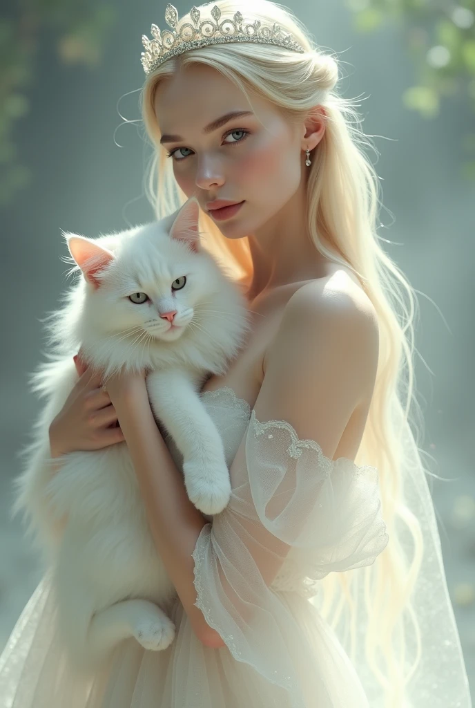 Slim blonde woman wearing a white jumpsuit made of light and loose fabric, straight hair with a white diamond tiara holding a white maine coon cat 