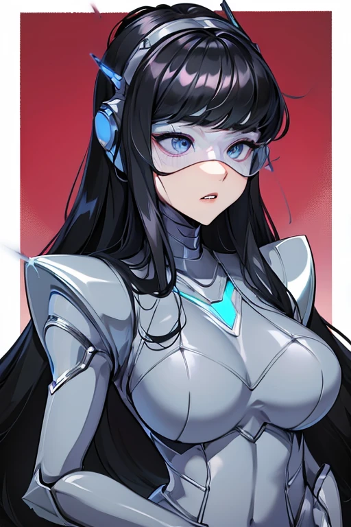 empty eyes,robotized woman ,big bust,Robot Joint ,Metal skin,Black suit,long hair