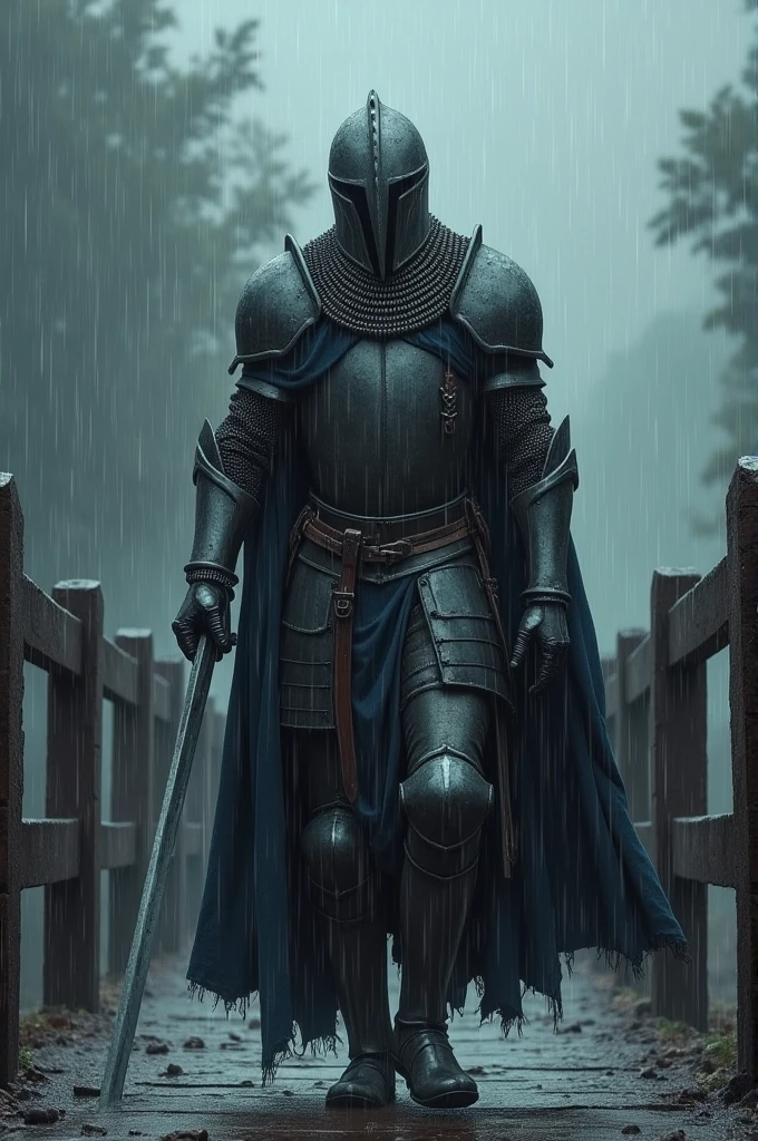 A Knight on a bridge rain with the sword after the war