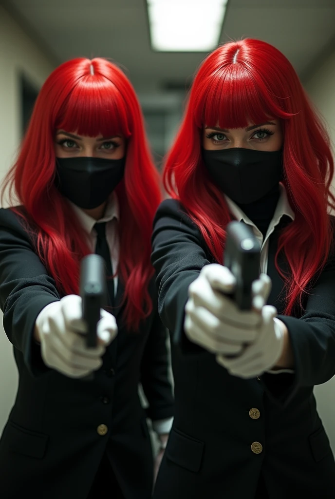 2 women wearing long red hair wigs with masks and wearing white leather gloves taking hostages with their guns in a spy ring 