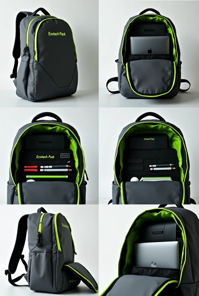 Shows only the inside of the backpack in a collage of 4 photos. The backpack is dark grey with neon edges. Name "EcoTech Pack" It must be in green inside the backpack. Do not include any part of the outside, the back or front. Details the computer compartment, the slots for pencils and markers, and document pockets. The backpack does not have side pockets, so don&#39;t include them. Only part of the inside, not the outside, show the inside only 