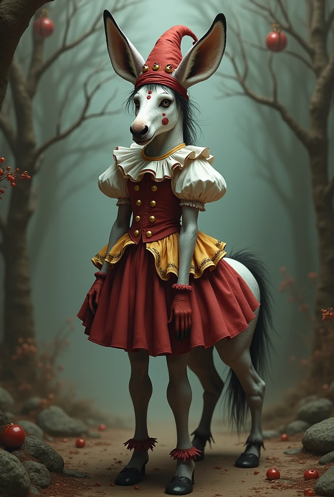 A donkey centaur woman with a donkey face, Pierrot clown costume and makeup 