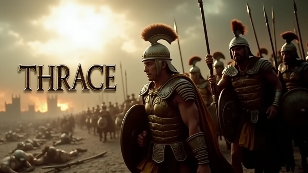 (photographie réaliste) Armée de thrace dans la grèce antique portant des armures étincelante à la lumière, des capes dorées, munie de leurs lances d'argents et leurs bouclier dorés, ils chargent vers les énnemies restant, sur un champ de bataille apocalyptique dévasté, jonché de cadavres suivant leur deux centurions légendaires. En arrière plan on apeçoit la ville de troies en feu. Dans le ciel il y a écrit "Thrace" en gras et lettre gothique