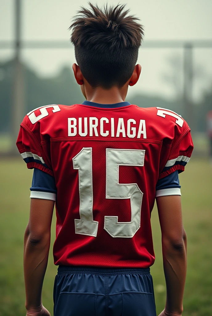  a lot of drip with the name on the back of the jersey “Burciaga” that the image is from behind me ( show my back ) American football , of a  white boy , with the red jersey of the Anahuac Colts team , and with white sleeves on the arms 