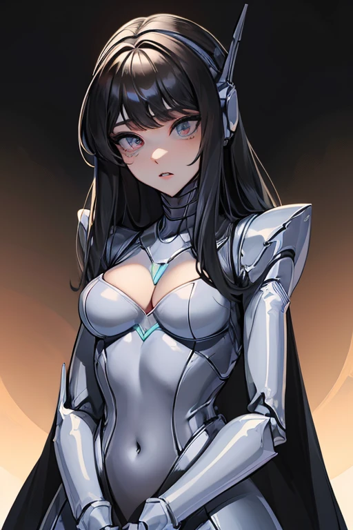 empty eyes,robotization,woman ,big bust,Robot Joint ,Metal skin,Black Suit,long hair,a black suit that covers the whole body