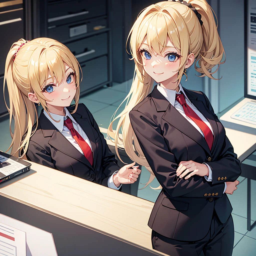 Blonde girl with high ponytail and office suit smiling alone