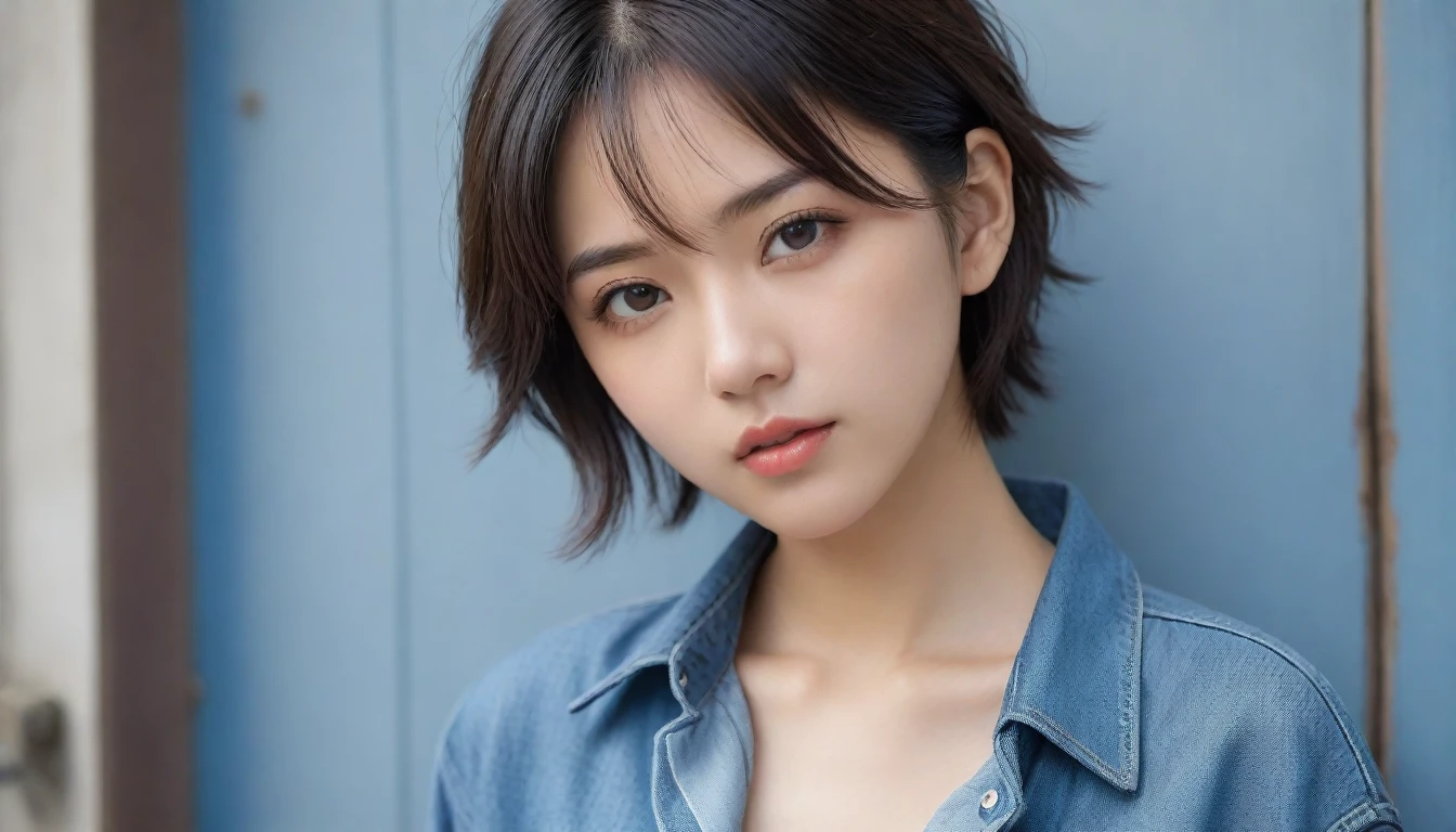 8k, Ultra-high resolution, Highest quality, masterpiece, 三分割法によるphotograph,Surreal, photograph, 1 , (:1.3), cute, cute顔, 細部までBeautiful Eyes, 細かくdetailedに,masterpiece,One Girl:1.2,Japanese women,student,cowboy shot,glaring,Black short hair,messy hair,from side,(Denim shirt:1.3),Leaning against the wire mesh,Glare,Blue Collar,Factory wall,Bleach Bypass,(Beautiful attention to detail),Subtle details, detailedな顔,anger,Attractive eyes,(ポートレートphotograph:1.4),(Photorealistic images:1.4),Fantasy art,(Beautiful Face:1.4),美しくAttractive eyes、Beautiful Eyes,Silver residue,(Tight waist:1.4)、(Beautiful with perfect body proportions:1.4),Pink Lips,profile,(((Ideal body type))),A-cup small breasts :2,、Portraiture:2、Perfect ???????、鮮明なdetailed、detailed,Fashion magazine cover,Thin lips,完璧でBeautiful Face ,完璧でcute顔, Skin with attention to detail, Perfect limbs、Narrow waist,Surreal,Light and shadow,backlighting