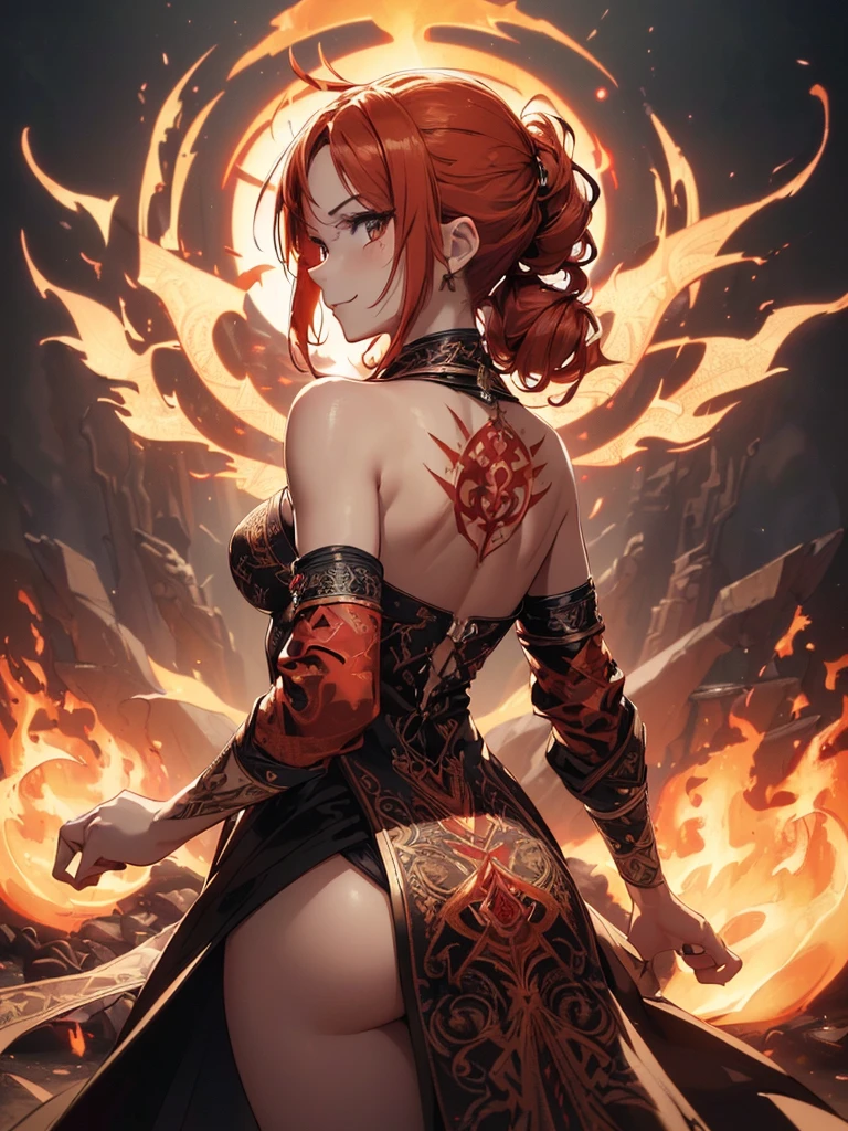 (((best quality, sharp image, clear image, cinematic lighting, 8k resolution, masterpiece, ultra detailed, intricate))) Girl, (((looking over left shoulder))), (shot from behind), fire mage, ((intricate background)), ((chaotic background)), red hair, smiling, ((flame runes, flame sigils)), (tatoo on back), slim figure, flying sigils, long dress